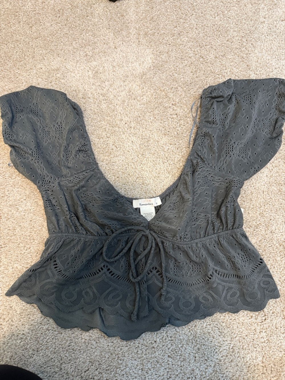 Charcoal Eyelet Tie-Front Peplum Blouse